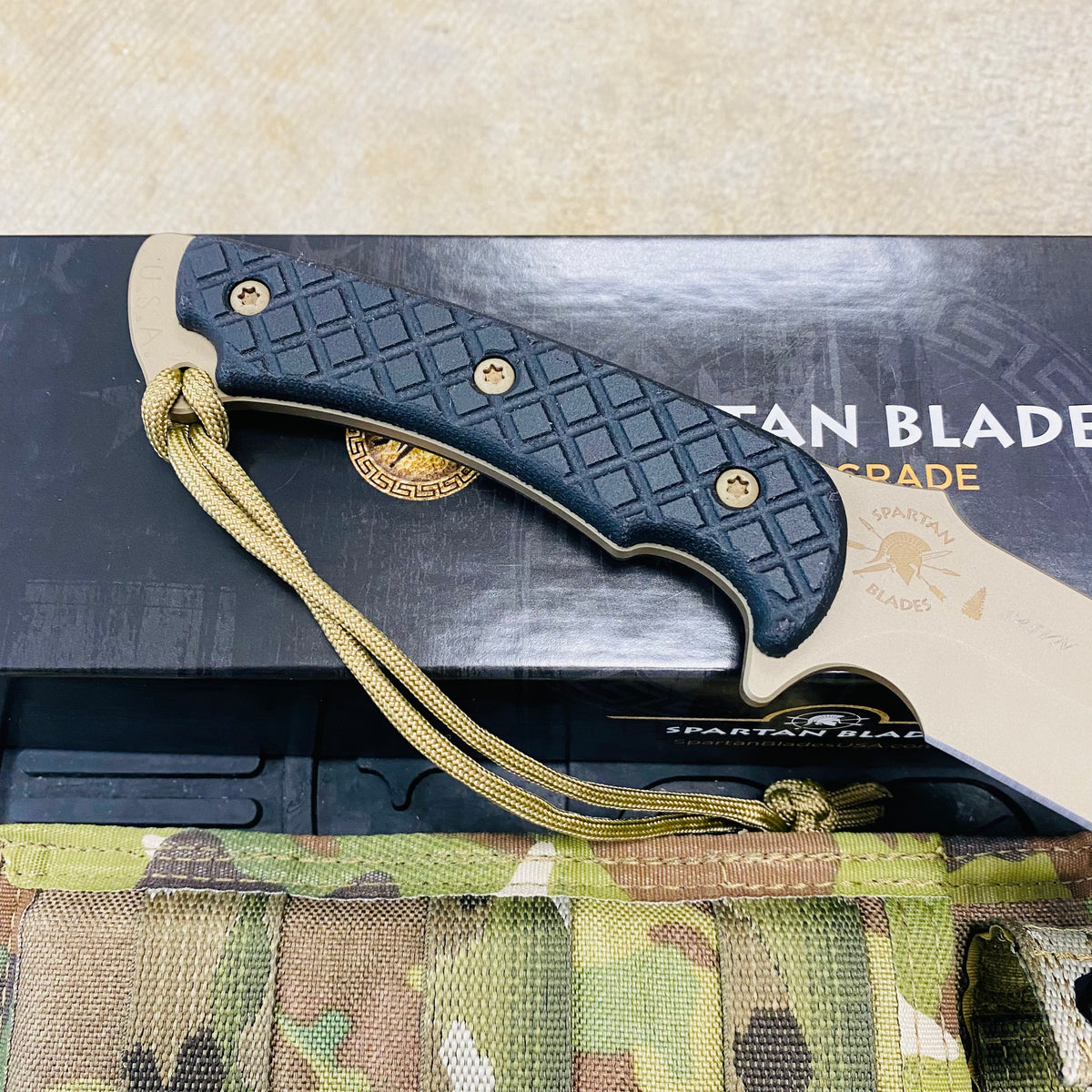 Spartan Blades Horkos Flat Hard Earth 5.6" Fixed Blade Knife CE Canvas Micarta Black Handle with MultiCam Molle Sheath SB4DEBKNLMC