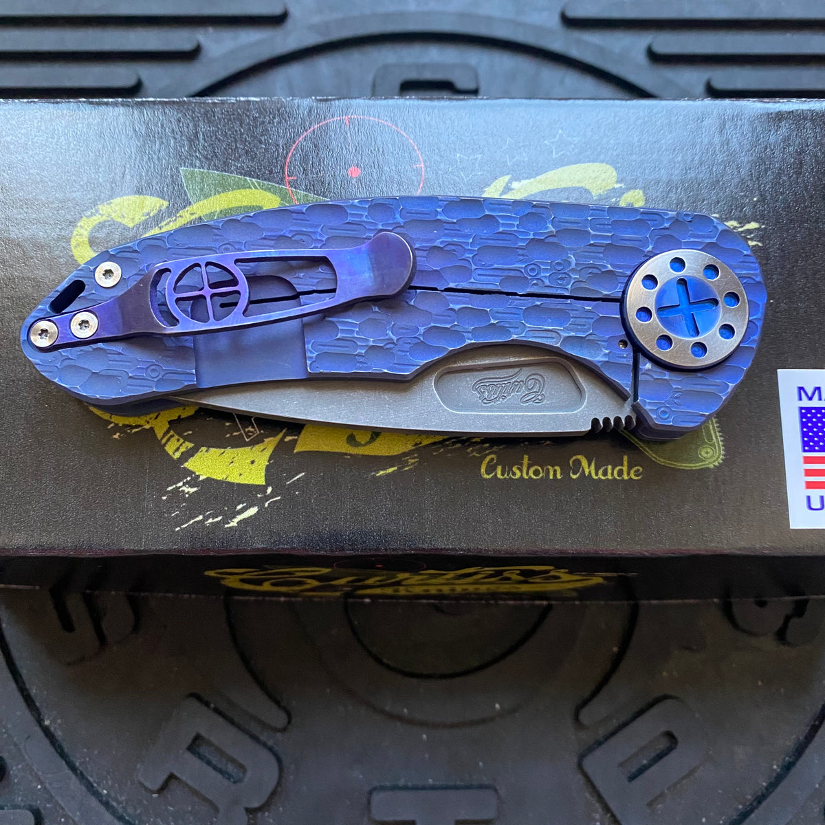 Curtiss Custom F3 Medium SLIM 3.25" Spanto NON-Flipper, FJ-Mill Blue ANO, Blasted Magnacut Folding Knife