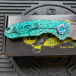 Curtiss Custom F3 Medium 3" Spanto NON-Flipper, Polished Green Titanium FJ-Mill "Dragon Scale", Stonewash Magnacut Folding Knife