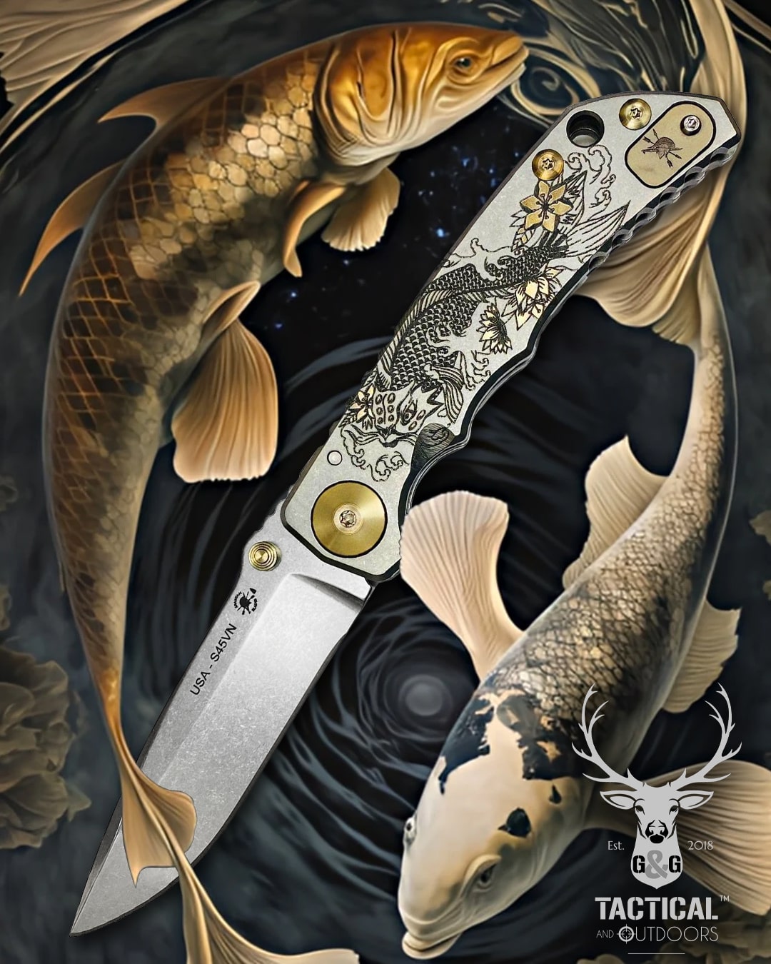 Spartan Blades SF5KOIFISH SHF Koi Fish Harsey Folding Knife 3.95" S45VN Stonewashed Plain Blade, Titanium Handles