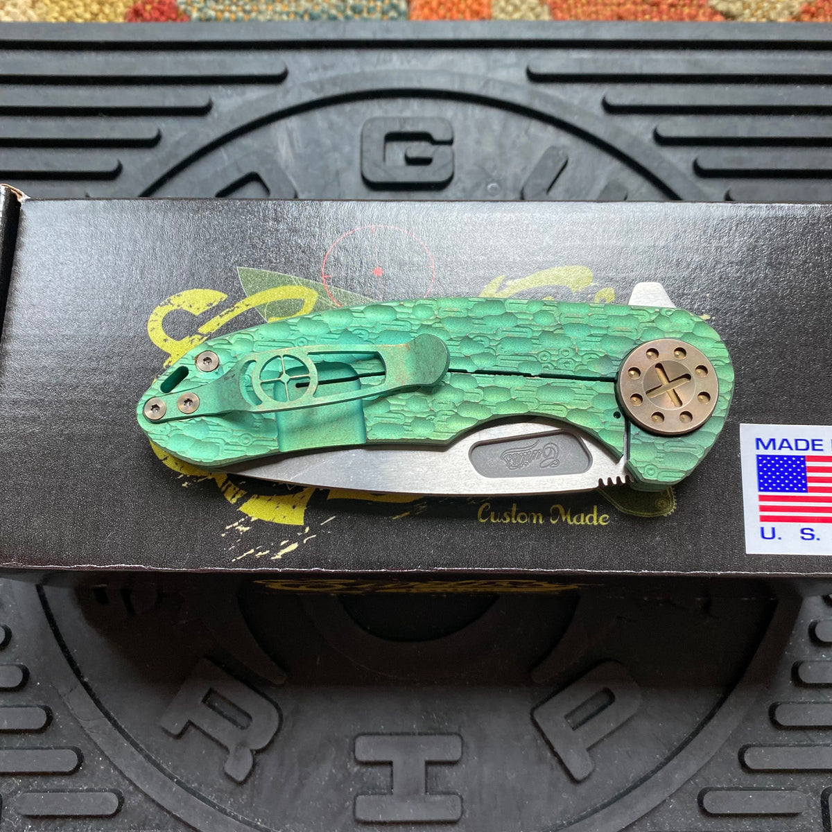 Curtiss Custom F3 Medium 3" Slicer Flipper, Green Titanium FJ-Mill "Dragon Scale", Stonewash Magnacut Folding Knife