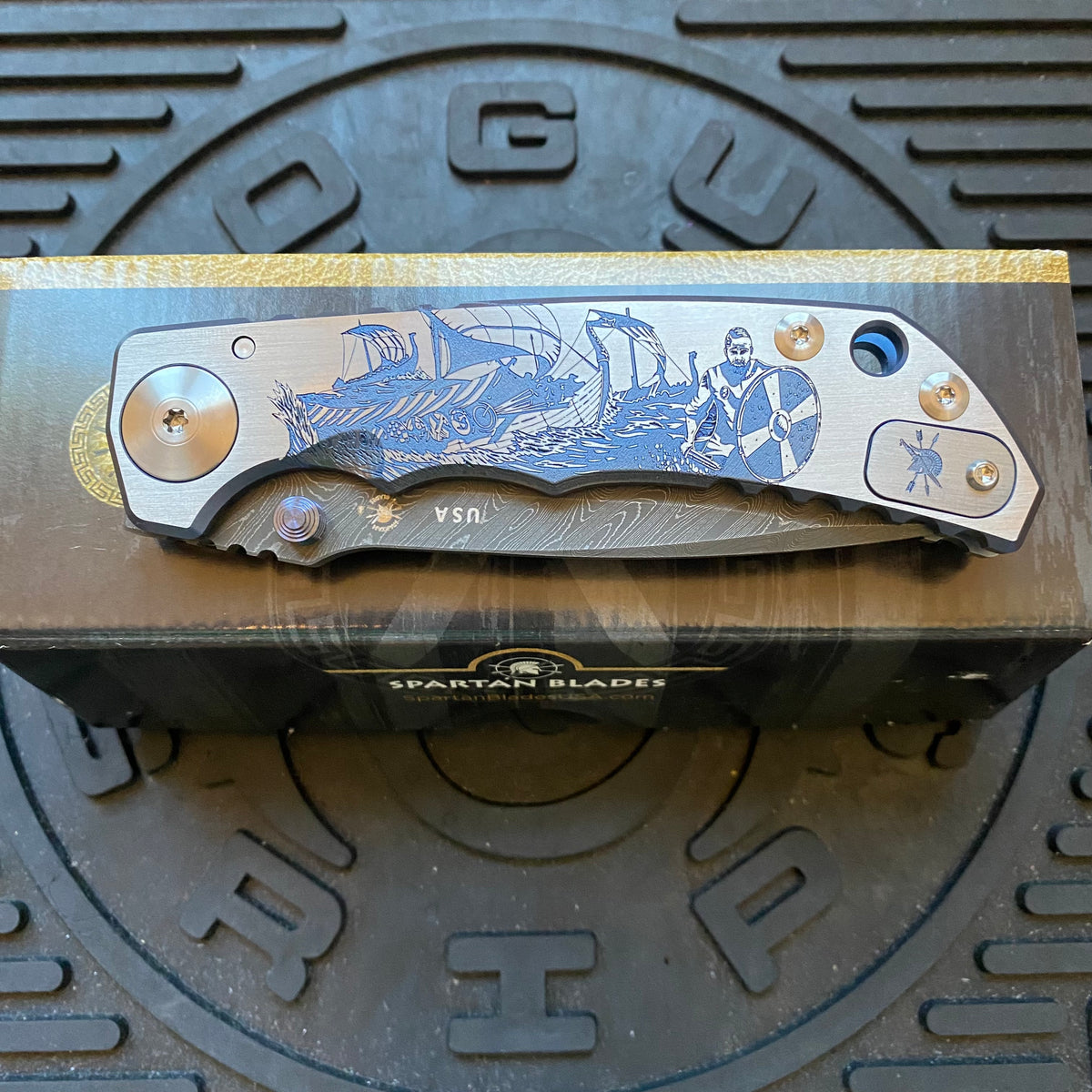Spartan Blades SF5 VIKING Damascus SHF Viking Longboat Harsey Folding Knife 3.95" Damascus Blade, Titanium Handles