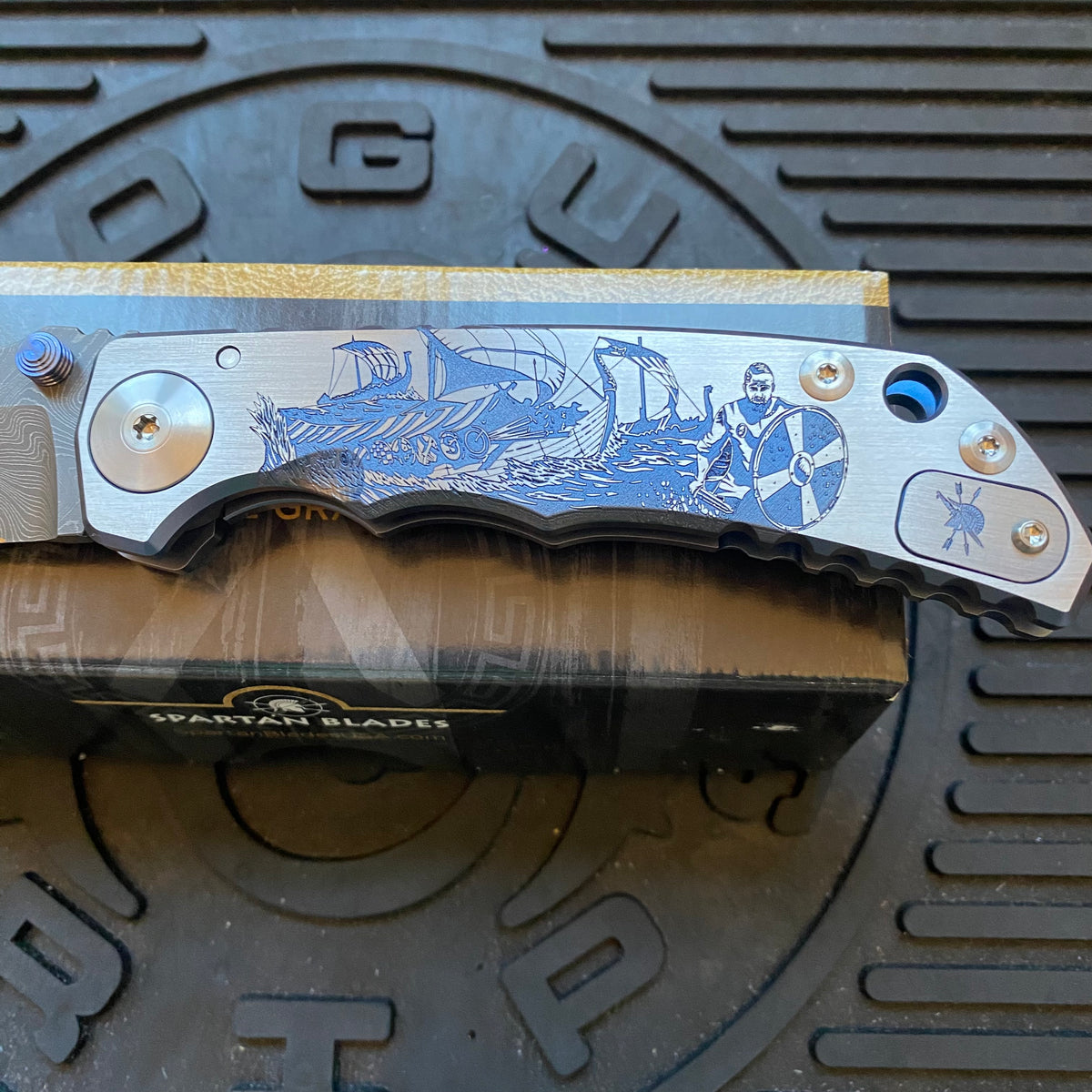 Spartan Blades SF5 VIKING Damascus SHF Viking Longboat Harsey Folding Knife 3.95" Damascus Blade, Titanium Handles
