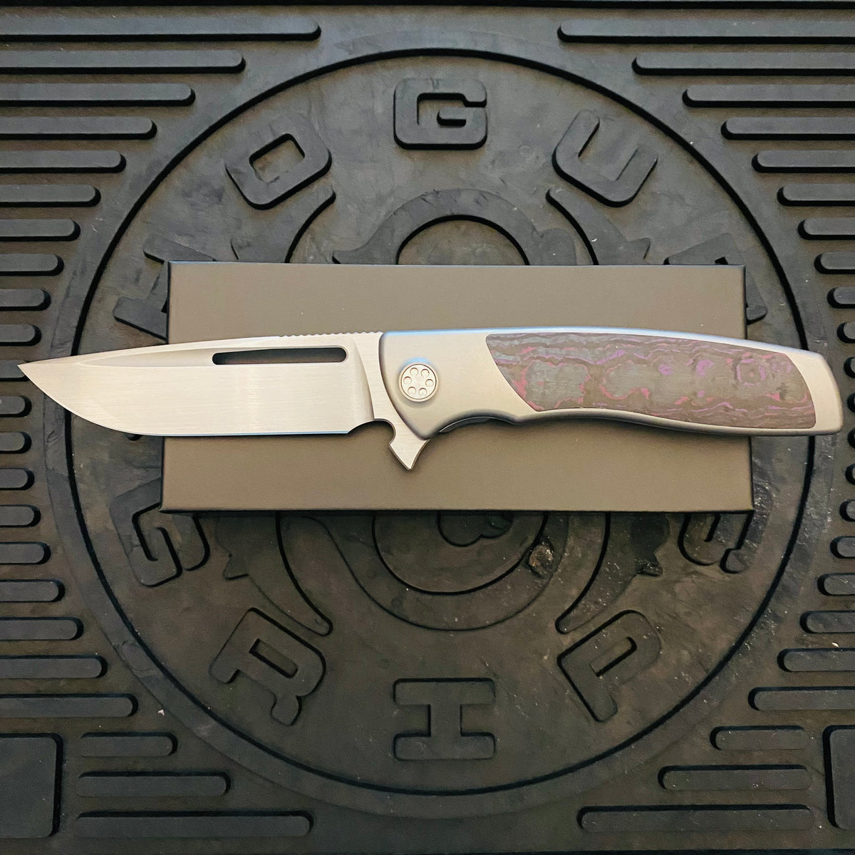 Sharp By Design Mini Evo Flipper 3.25" Satin Drop Point PURPLE HAZE FAT CARBON Inlay Knife
