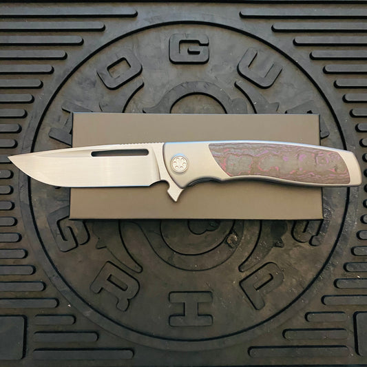 Sharp By Design Mini Evo Flipper 3.25" Satin Drop Point PURPLE HAZE FAT CARBON Inlay Knife