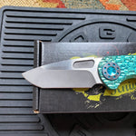 Curtiss Custom F3 Medium 3" Spanto NON-Flipper, Polished Green Titanium FJ-Mill "Dragon Scale", Stonewash Magnacut Folding Knife