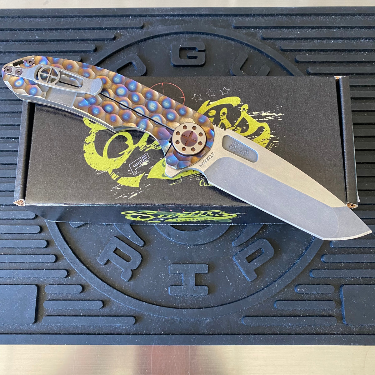 Curtiss Custom F3 Large 3.75" Spanto, Flipper, Titanium Torched PM-Mill Handles, Bronzed Polished Hardware, Magnacut Knife
