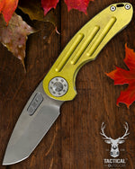 Curtiss Custom F3 Medium 3.25" Spanto NON-Flipper, Yellow Titanium Ball-Mill, Stonewash Magnacut Folding Knife